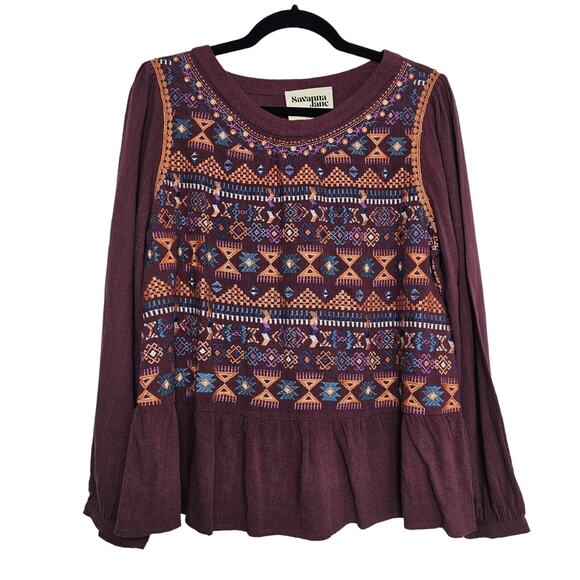 Savanna Jane Womens Size M Purple Colorful Embroidered Long Sleeve Linen Rayon - Picture 1 of 13